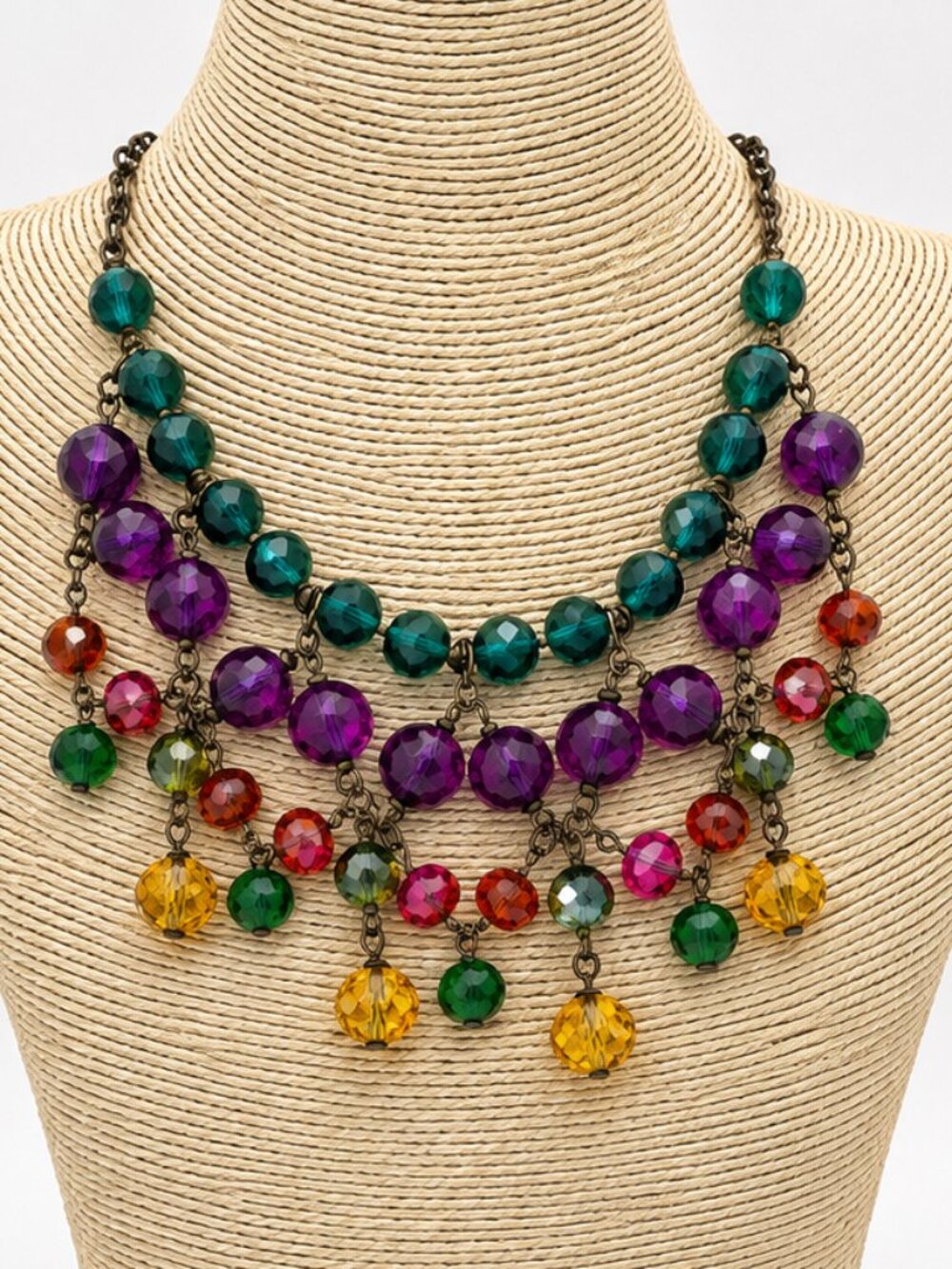 Colorful Glass Bead Bib Necklace Teal Purple Multi Strand Statement Necklace